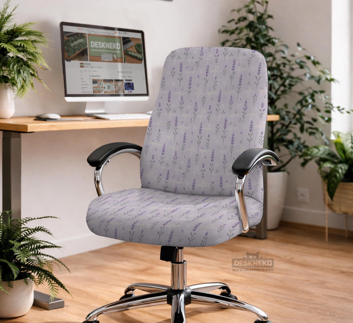 Lavender floral office chair cover with a light neutral background and small purple flower pattern.