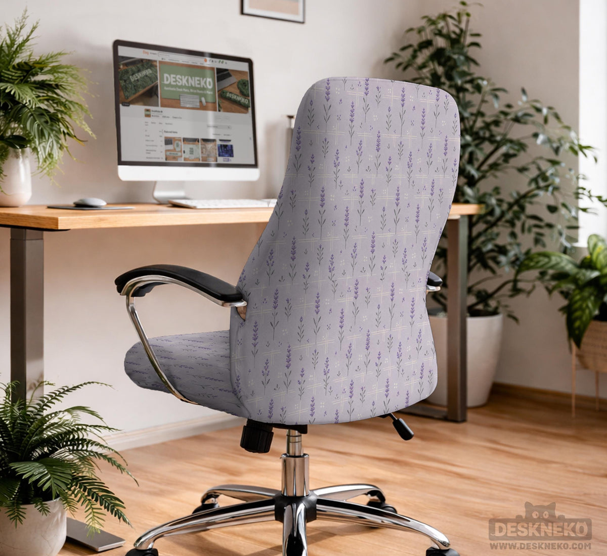Lavender floral office chair cover with a light neutral background and small purple flower pattern.