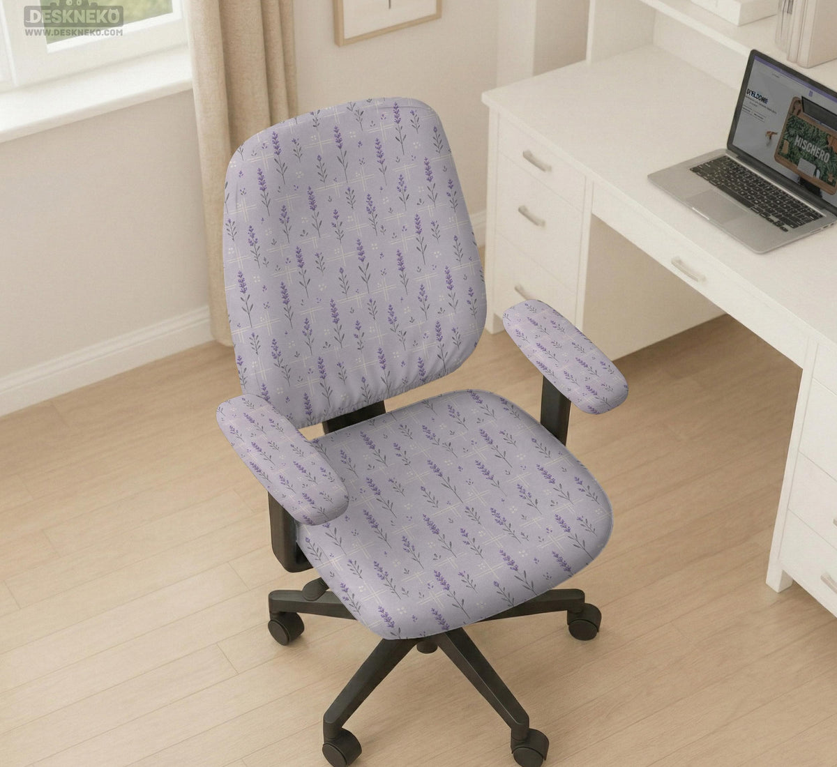 Lavender floral office chair cover with a light neutral background and small purple flower pattern.