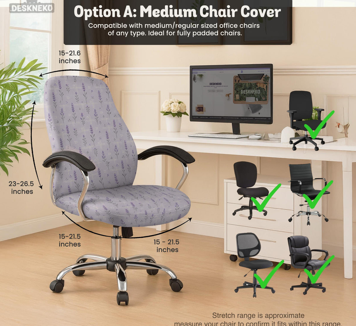 Lavender floral office chair cover with a light neutral background and small purple flower pattern.