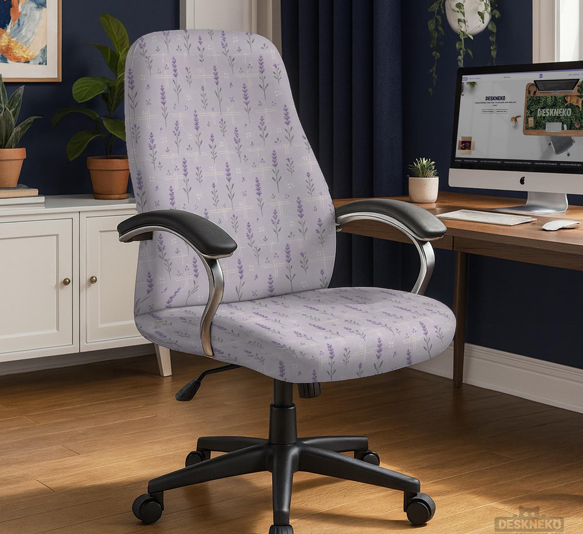 Lavender floral office chair cover with a light neutral background and small purple flower pattern.