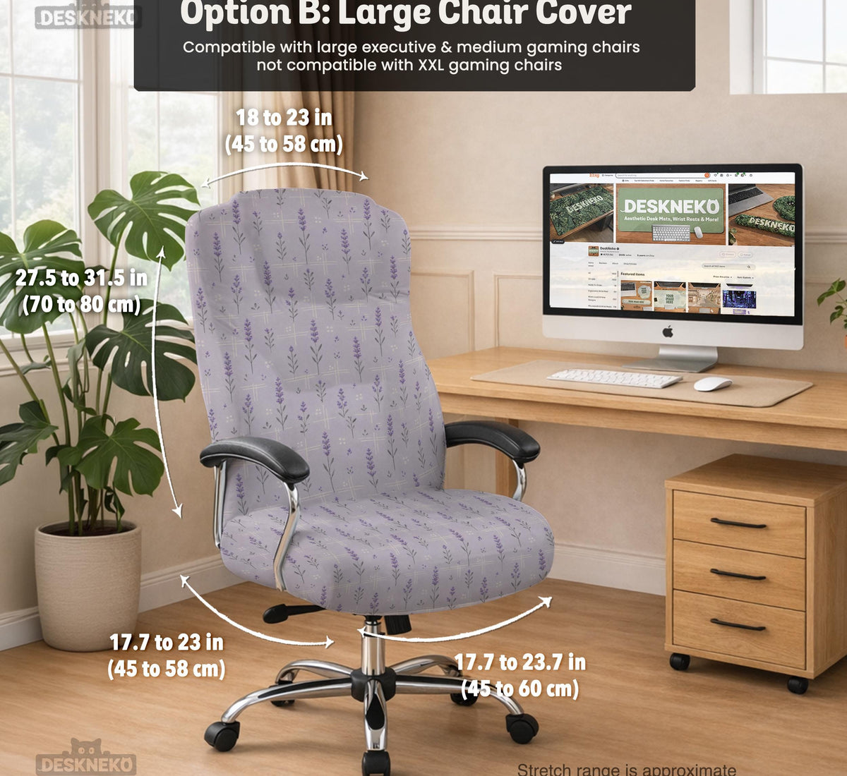 Lavender floral office chair cover with a light neutral background and small purple flower pattern.