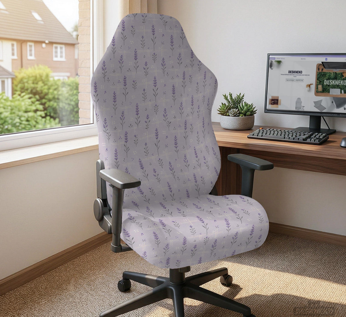 Lavender floral office chair cover with a light neutral background and small purple flower pattern.