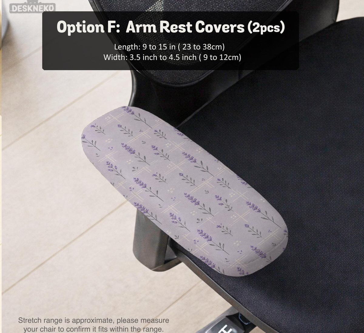 Lavender floral office chair cover with a light neutral background and small purple flower pattern.