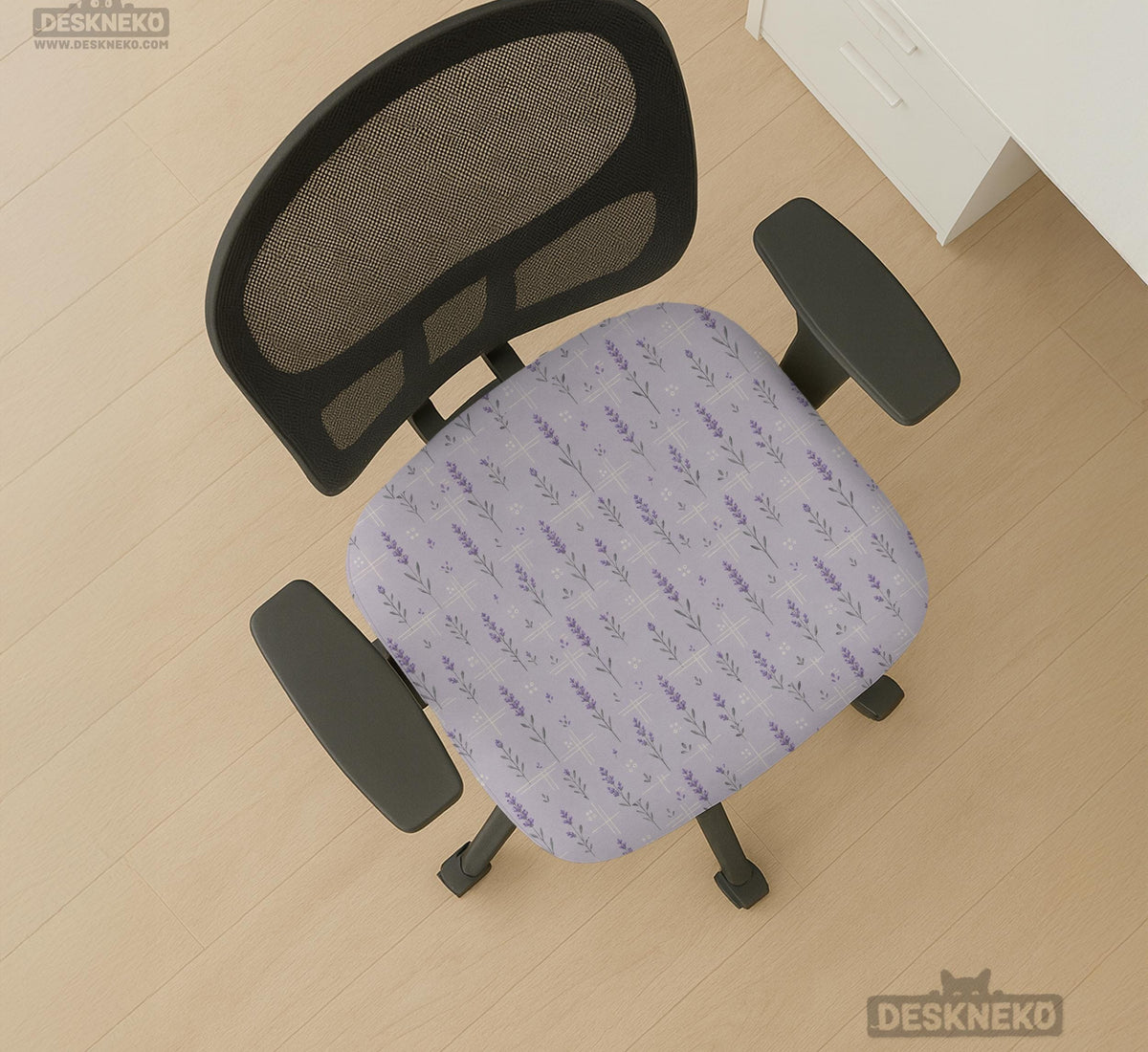 Lavender floral office chair cover with a light neutral background and small purple flower pattern.