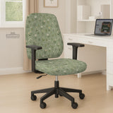 Sage green chair cover with a small floral print shown on a desk chair with a high back.