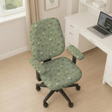 Green chair cover with a sage floral botanical print shown on a high-back gaming chair and office chair.