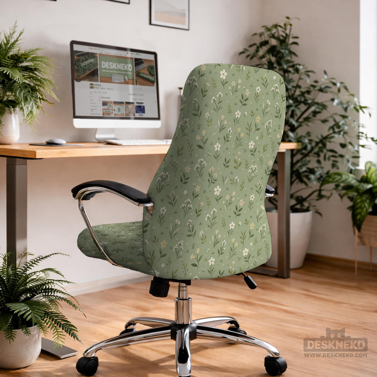 Green chair cover with a sage floral botanical print shown on a high-back gaming chair and office chair.