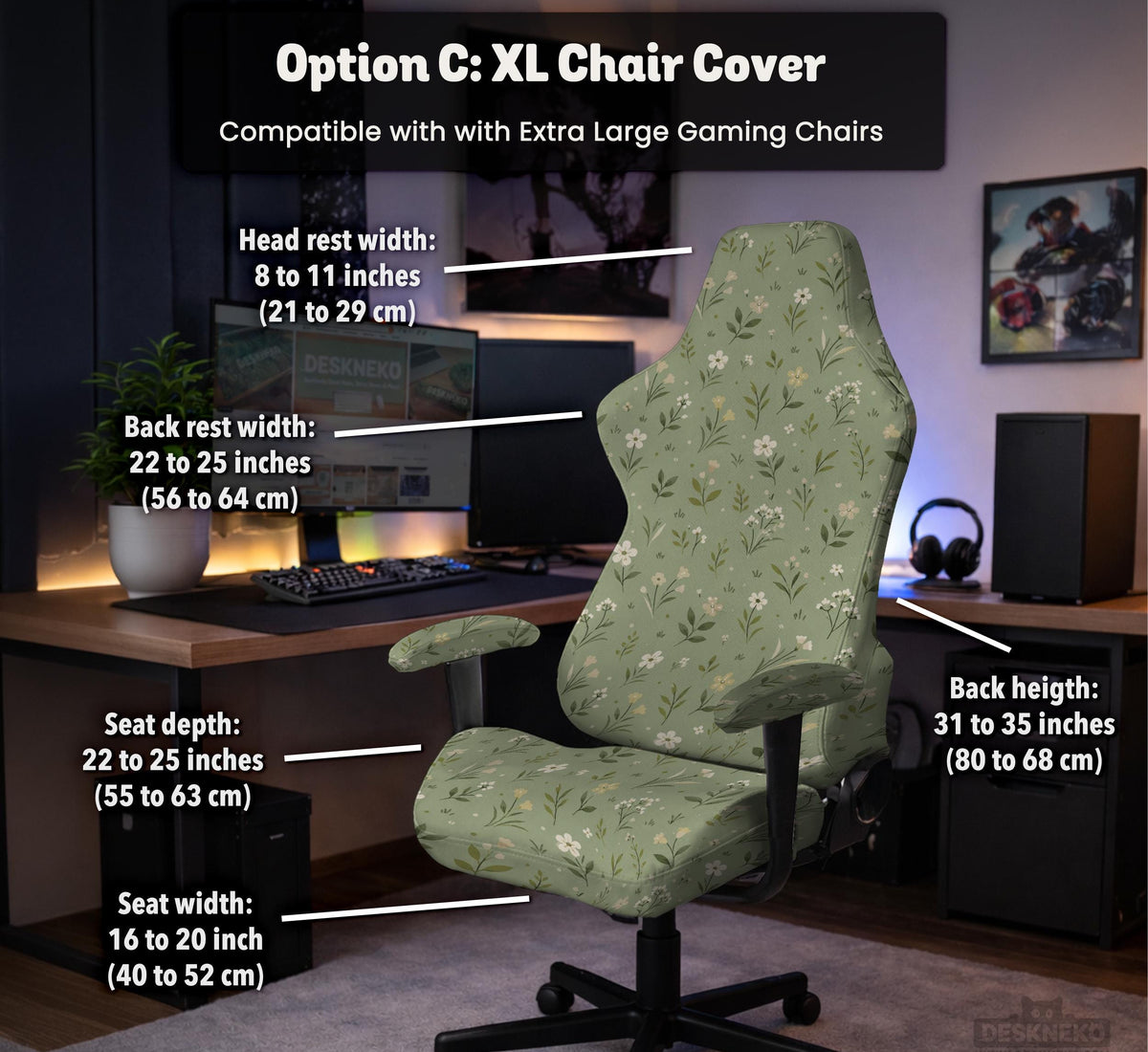 Sage green chair cover with a small floral print shown on a desk chair with a high back.