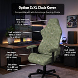 Sage green chair cover with a small floral print shown on a desk chair with a high back.