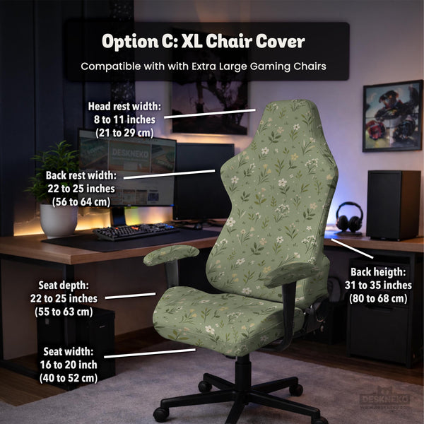 Sage green chair cover with a small floral print shown on a desk chair with a high back.