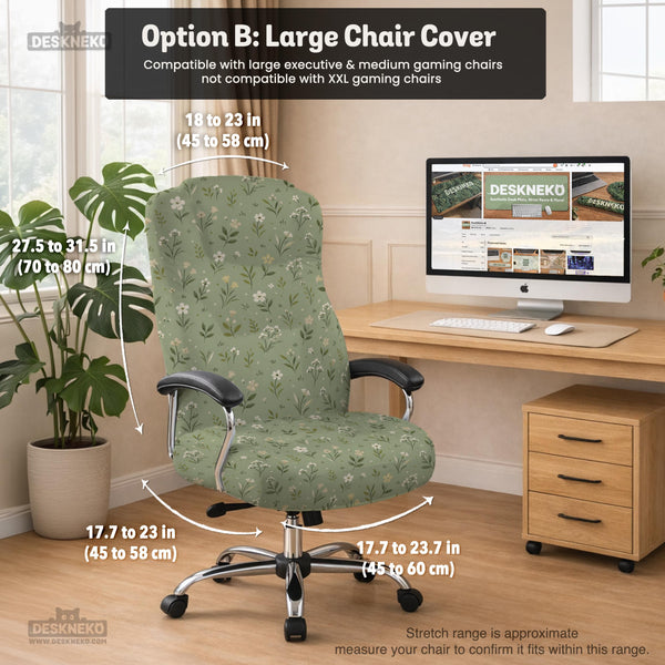Sage green chair cover with a small floral print shown on a desk chair with a high back.