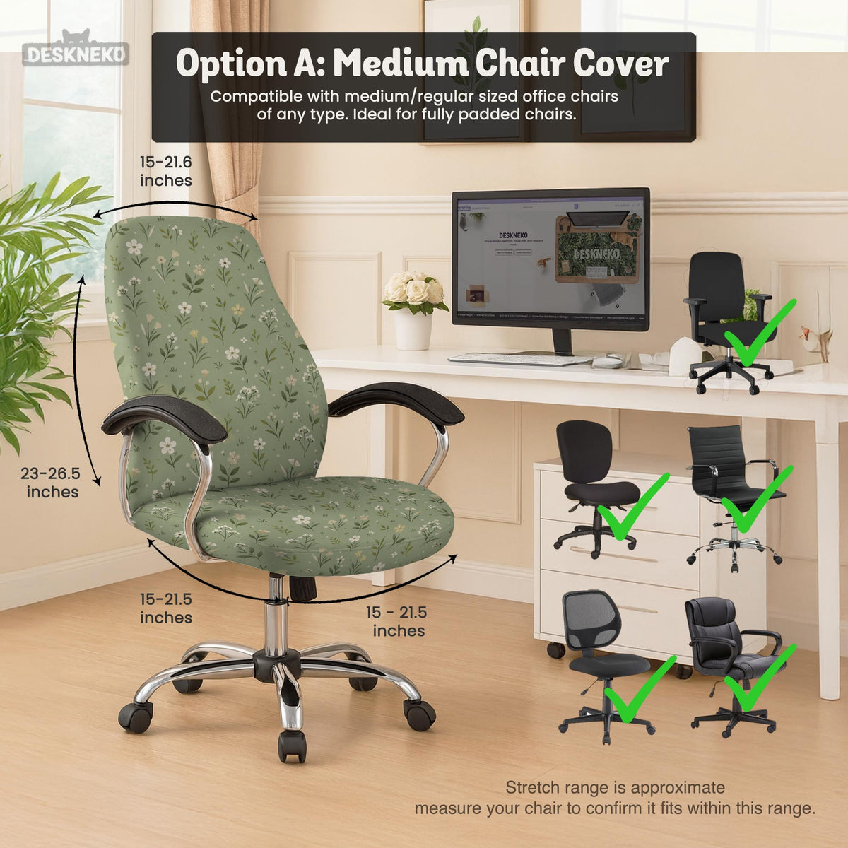 Sage green chair cover with a small floral print shown on a desk chair with a high back.