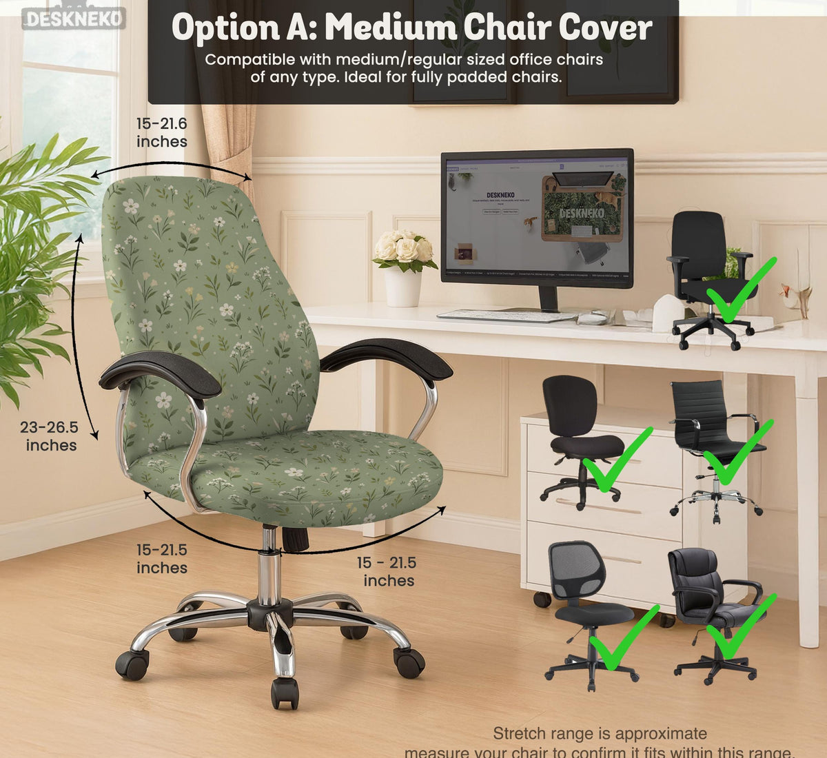 Green chair cover with a sage floral botanical print shown on a high-back gaming chair and office chair.