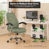 Green chair cover with a sage floral botanical print shown on a high-back gaming chair and office chair.