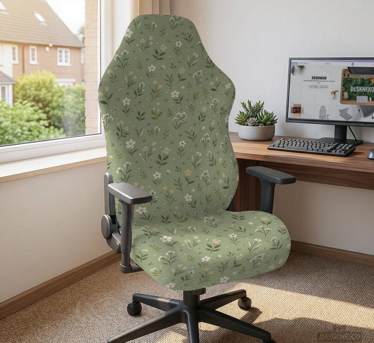 Sage green chair cover with a small floral print shown on a desk chair with a high back.