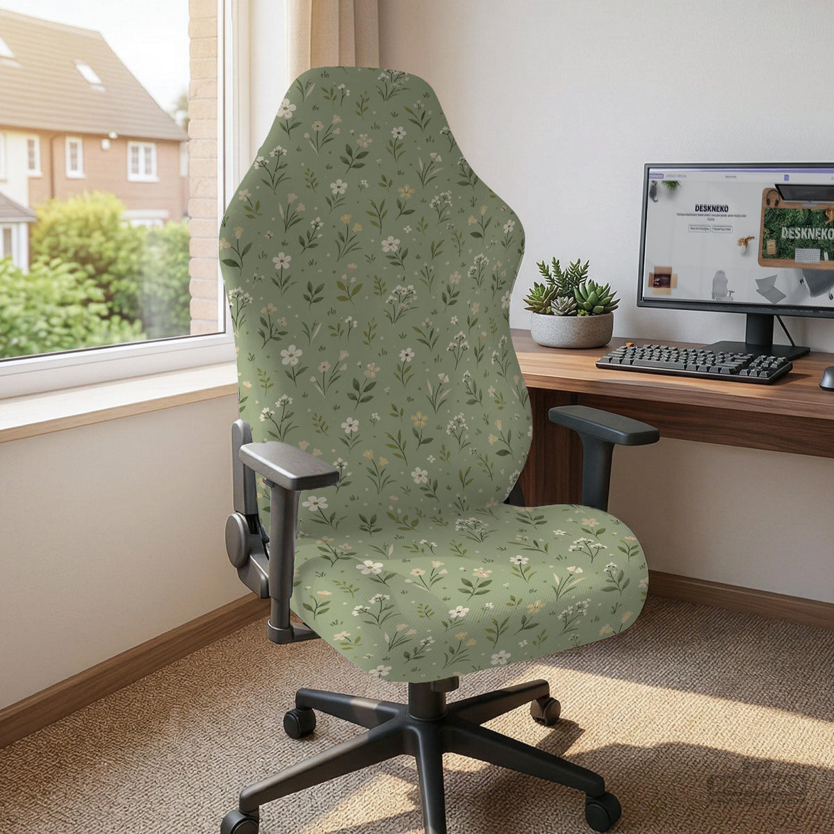 Green chair cover with a sage floral botanical print shown on a high-back gaming chair and office chair.