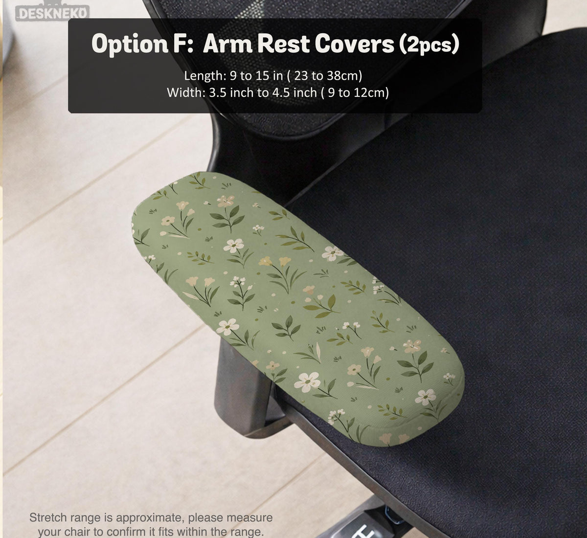 Sage green chair cover with a small floral print shown on a desk chair with a high back.
