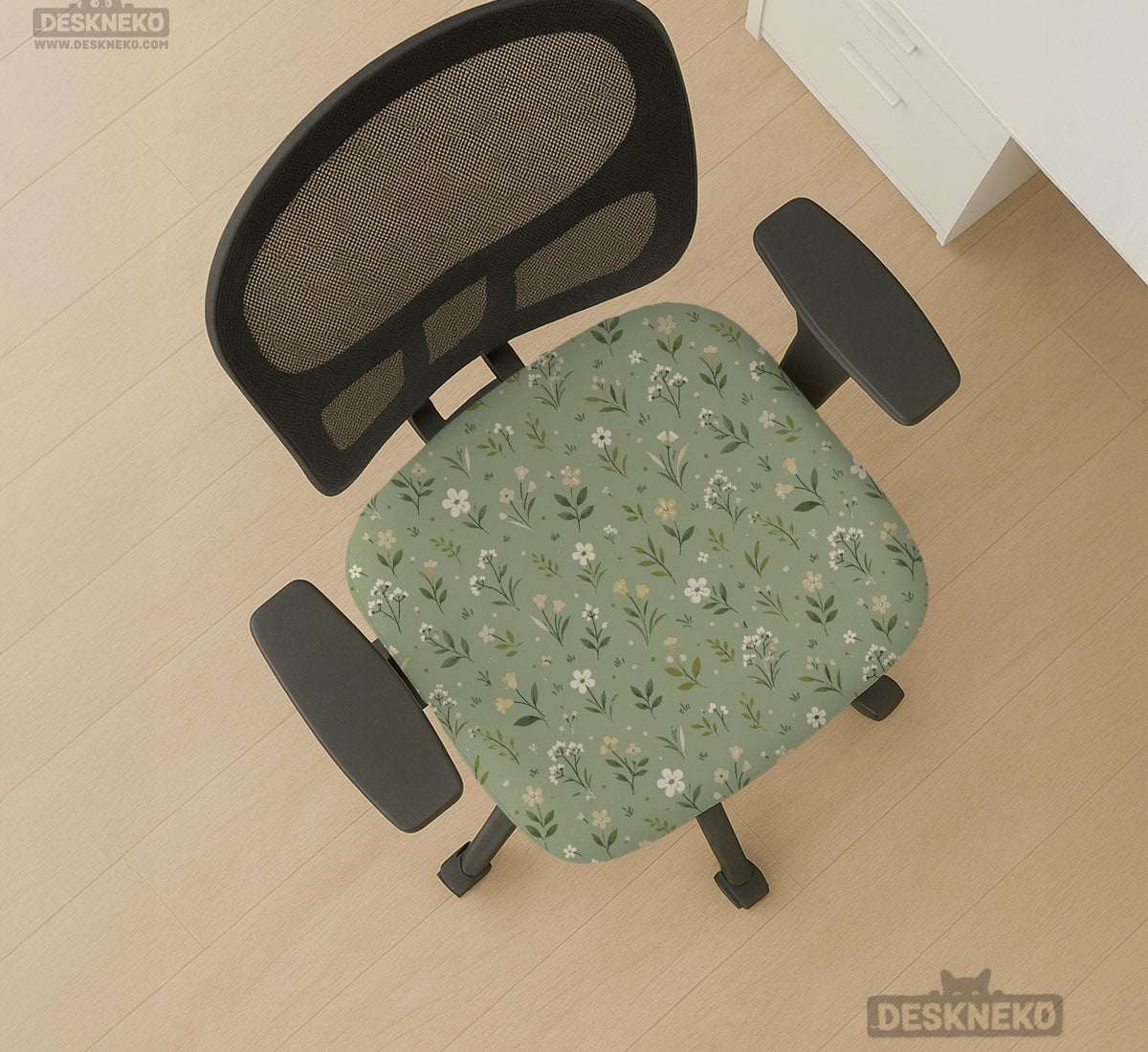 Green chair cover with a sage floral botanical print shown on a high-back gaming chair and office chair.