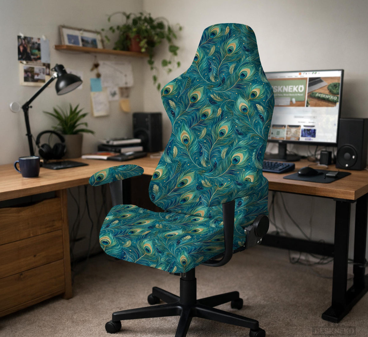 A blue green chair cover with a peacock feather design shown on an office chair with armrests.