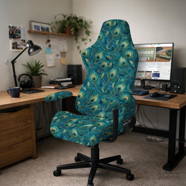 A blue green chair cover with a peacock feather design shown on an office chair with armrests.