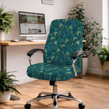 A blue green chair cover with a peacock feather design shown on an office chair with armrests.
