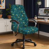 Blue green chair cover with a peacock feather pattern shown on an office chair, with fitted stretch fabric and armrest coverage visible in the listing image.