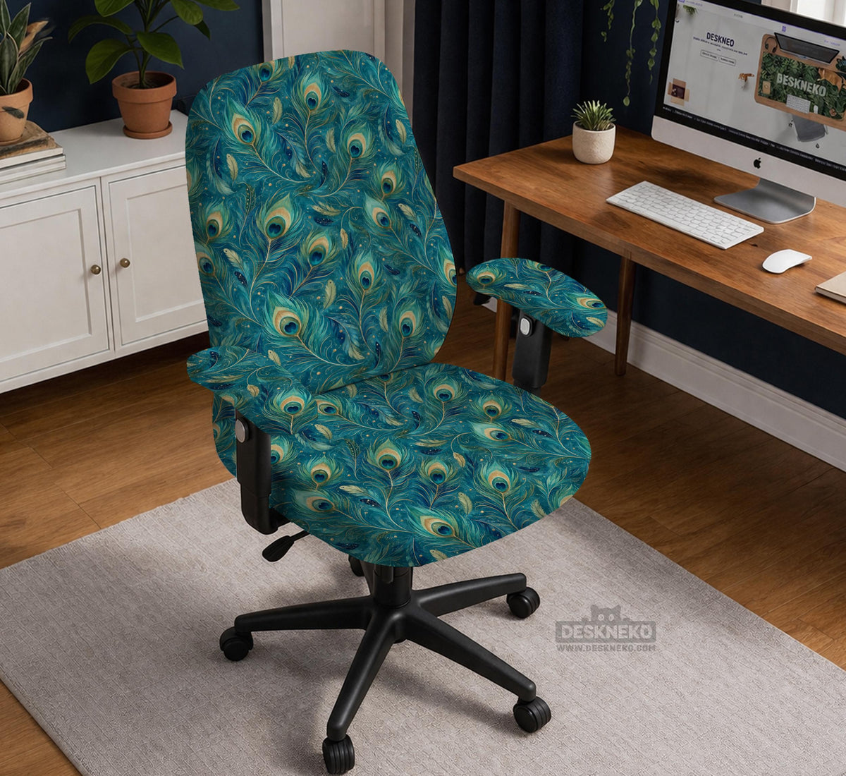 Blue green chair cover with a peacock feather pattern shown on an office chair, with fitted stretch fabric and armrest coverage visible in the listing image.