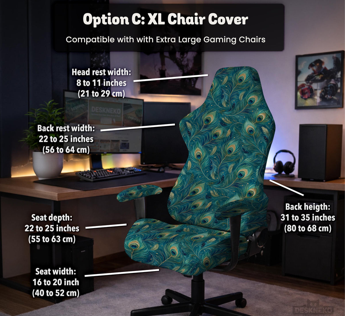 A blue green chair cover with a peacock feather design shown on an office chair with armrests.