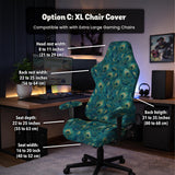 Blue green chair cover with a peacock feather pattern shown on an office chair, with fitted stretch fabric and armrest coverage visible in the listing image.
