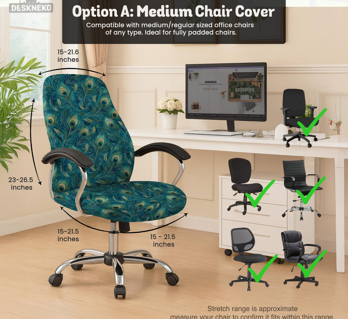 A blue green chair cover with a peacock feather design shown on an office chair with armrests.