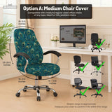 Blue green chair cover with a peacock feather pattern shown on an office chair, with fitted stretch fabric and armrest coverage visible in the listing image.