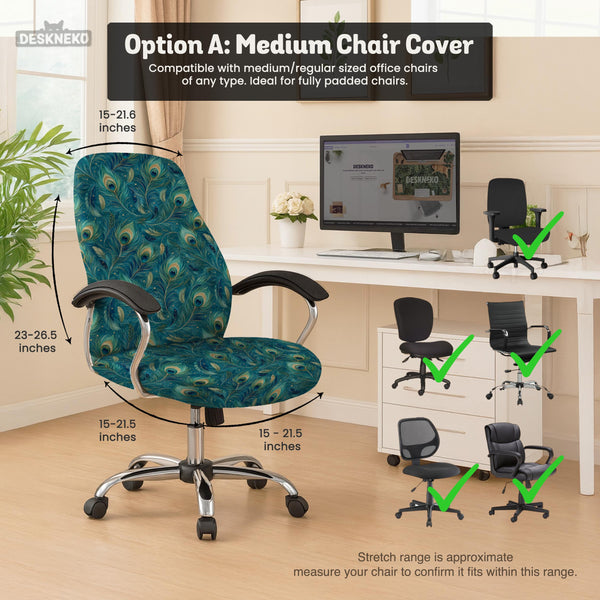 Blue green chair cover with a peacock feather pattern shown on an office chair, with fitted stretch fabric and armrest coverage visible in the listing image.