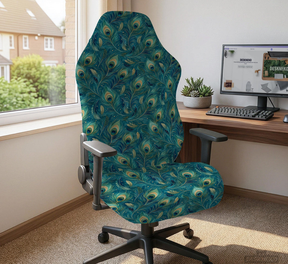 A blue green chair cover with a peacock feather design shown on an office chair with armrests.