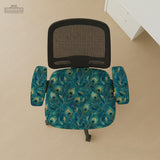 Blue green chair cover with a peacock feather pattern shown on an office chair, with fitted stretch fabric and armrest coverage visible in the listing image.