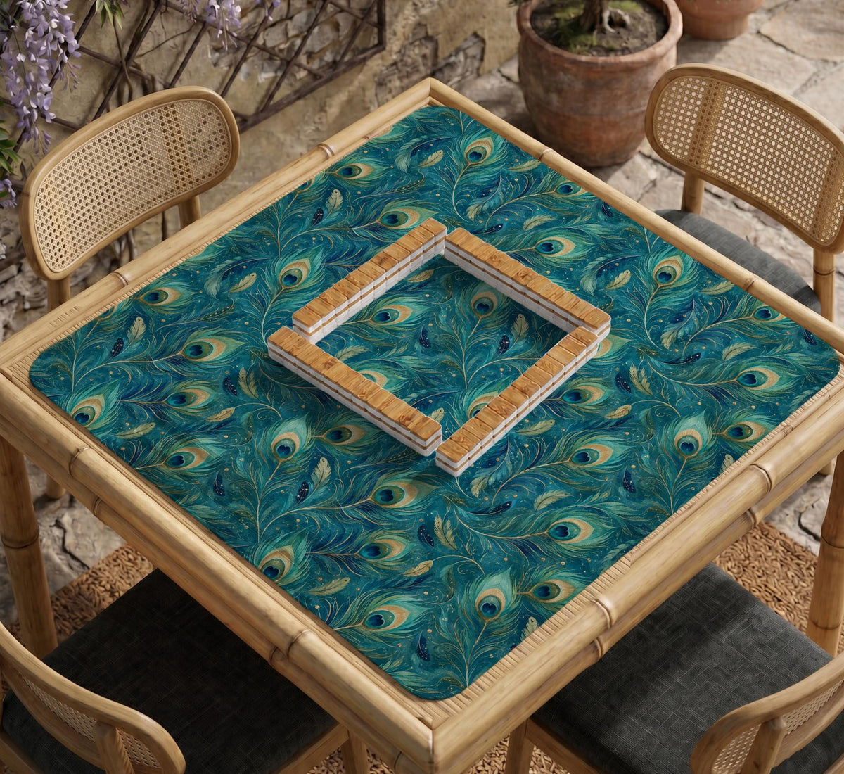 Teal mahjong mat with a peacock feather pattern in blue green tones.