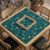 Teal mahjong mat with a peacock feather pattern in blue green tones.