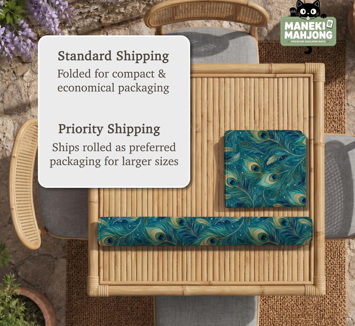 A teal mahjong mat with a peacock feather pattern and scalloped edges.