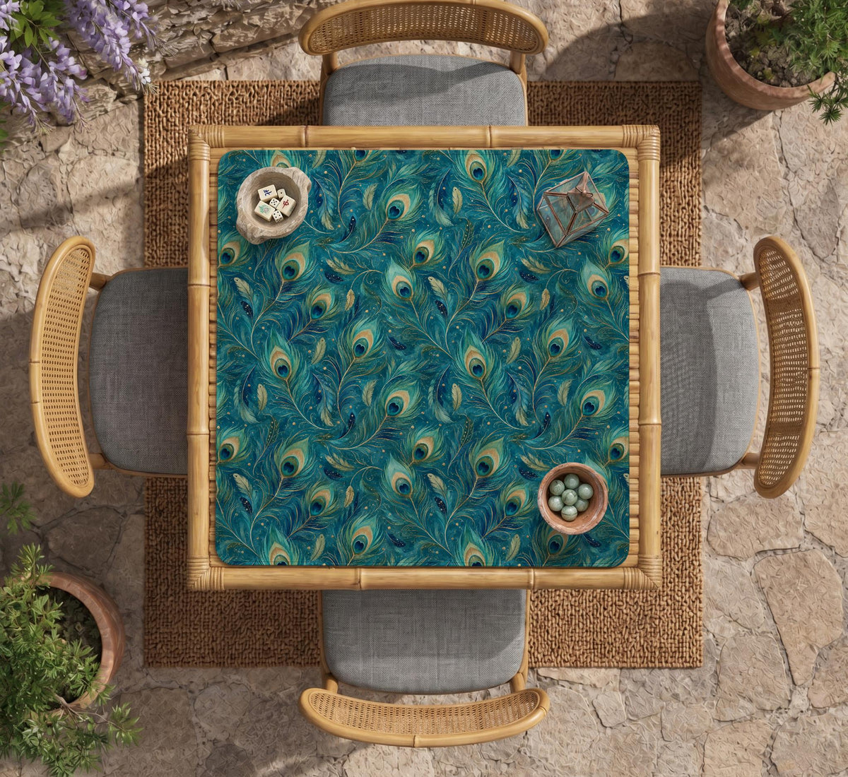 Teal mahjong mat with a peacock feather pattern in blue green tones.