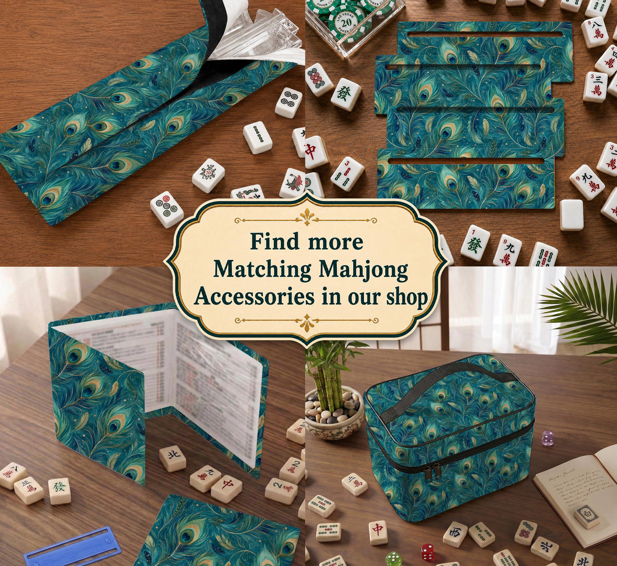 A teal mahjong mat with a peacock feather pattern and scalloped edges.