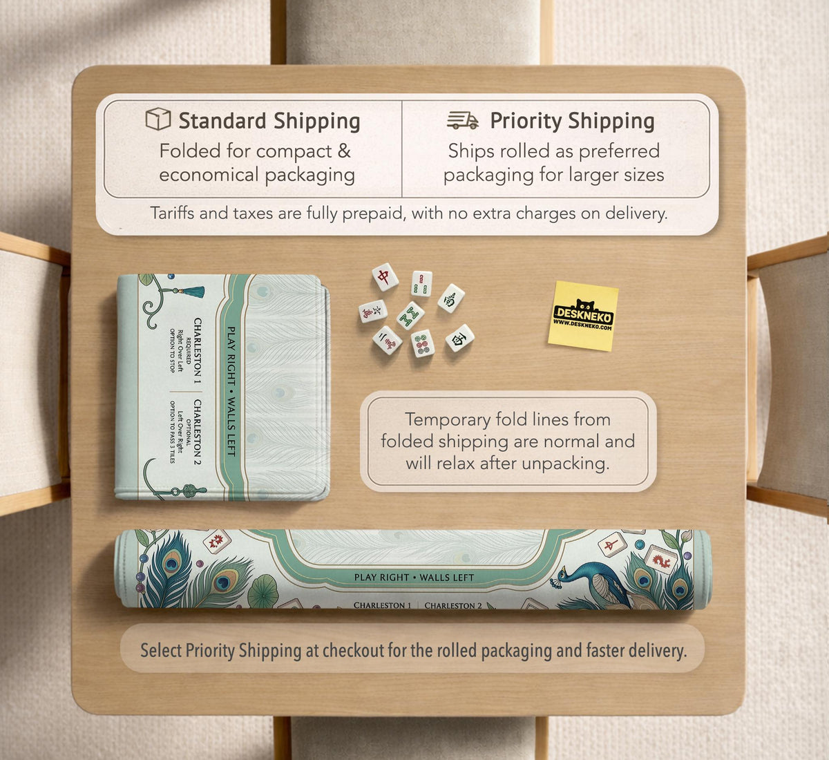 Teal square mahjong mat with peacock feathers, soft floral pattern, tassel details, and printed rule guide text in the center.