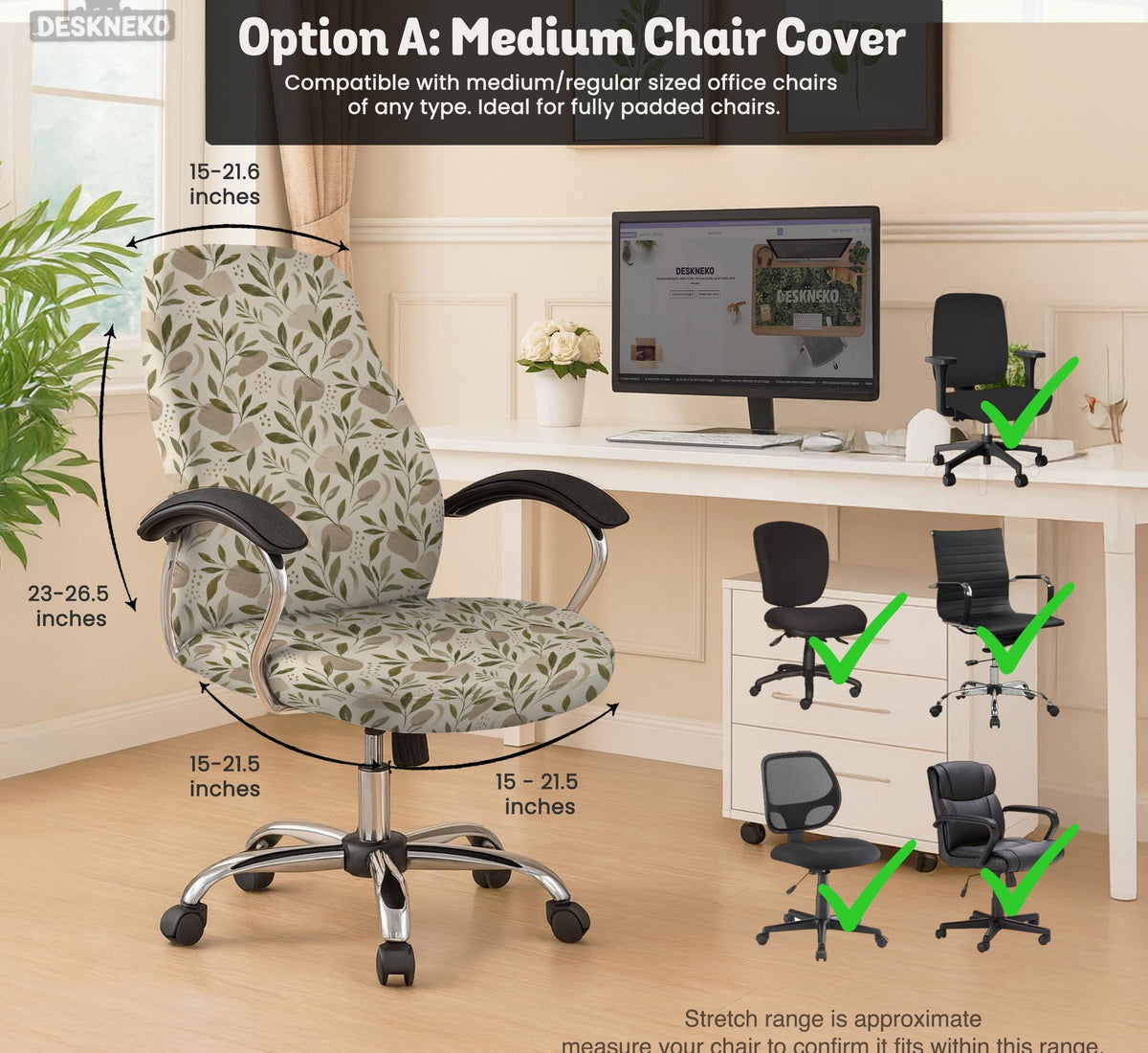 Sage and cream leaf print chair covers shown as full chair cover, back and seat cover, seat cover, and armrest covers for a high back desk chair.
