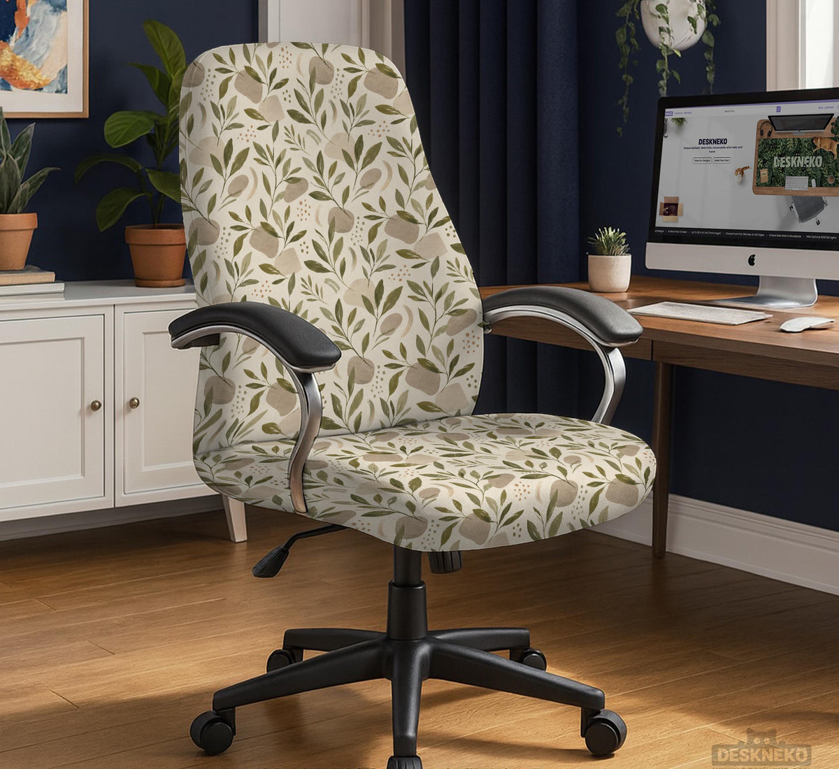 Sage and cream leaf print chair covers shown as full chair cover, back and seat cover, seat cover, and armrest covers for a high back desk chair.