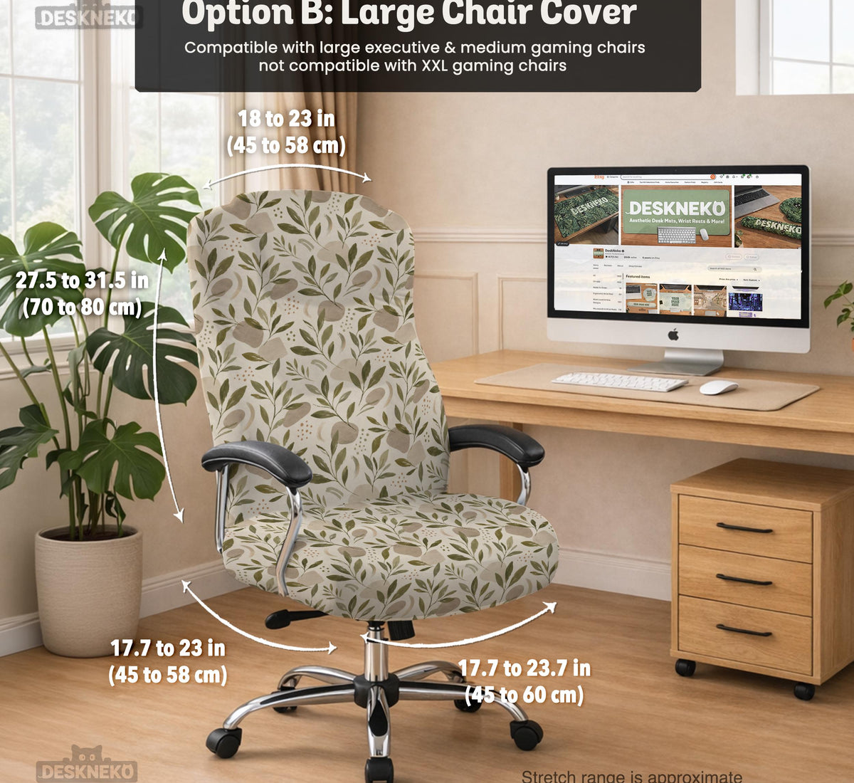 Sage and cream leaf print chair covers shown as full chair cover, back and seat cover, seat cover, and armrest covers for a high back desk chair.