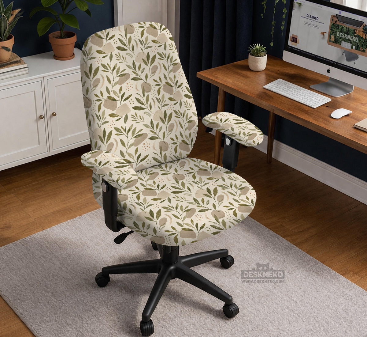 Sage and cream leaf print chair covers shown as full chair cover, back and seat cover, seat cover, and armrest covers for a high back desk chair.