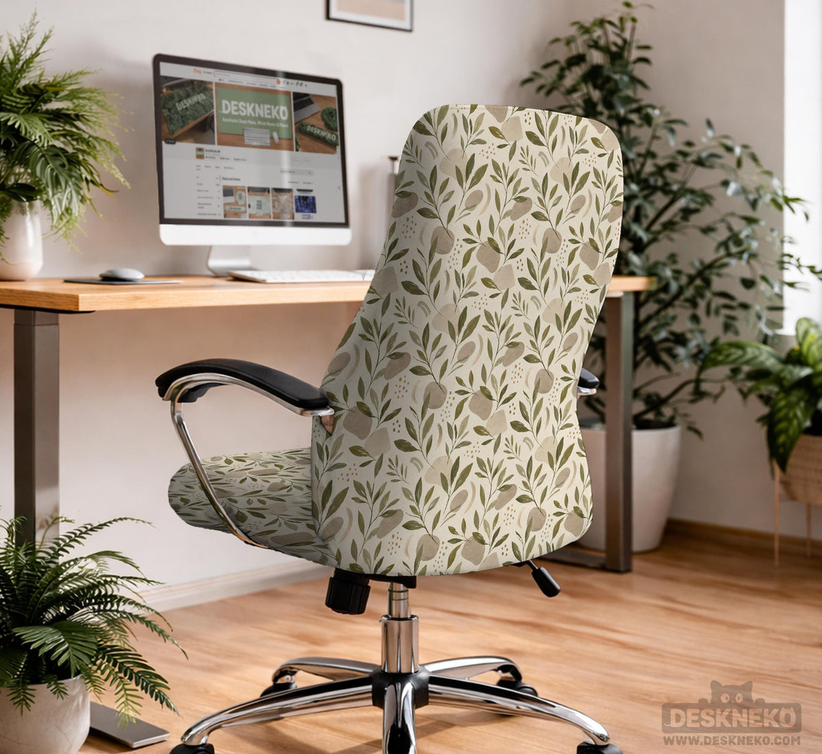 Sage and cream leaf print chair covers shown as full chair cover, back and seat cover, seat cover, and armrest covers for a high back desk chair.