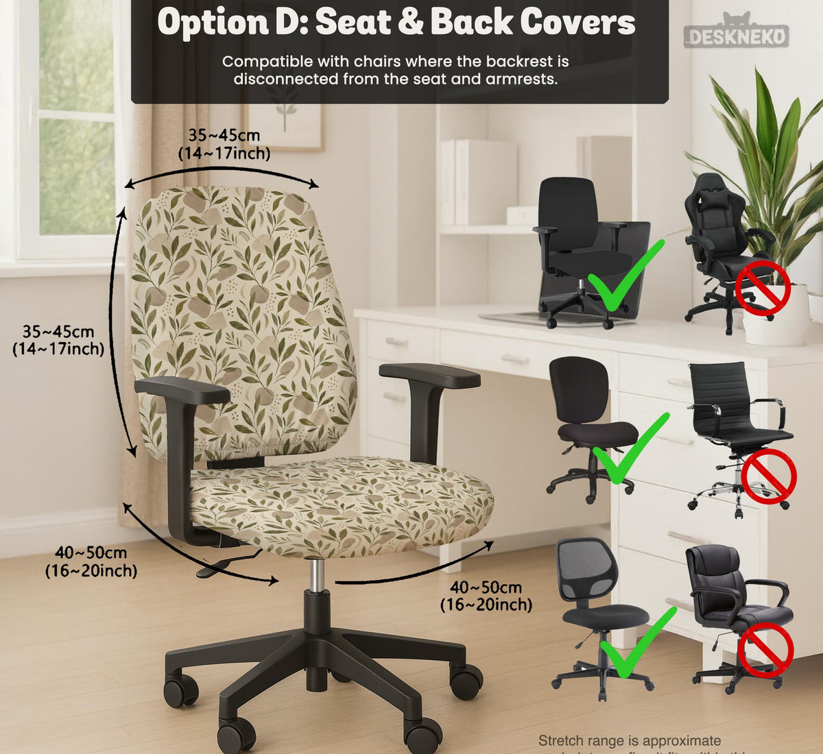 Sage and cream leaf print chair covers shown as full chair cover, back and seat cover, seat cover, and armrest covers for a high back desk chair.