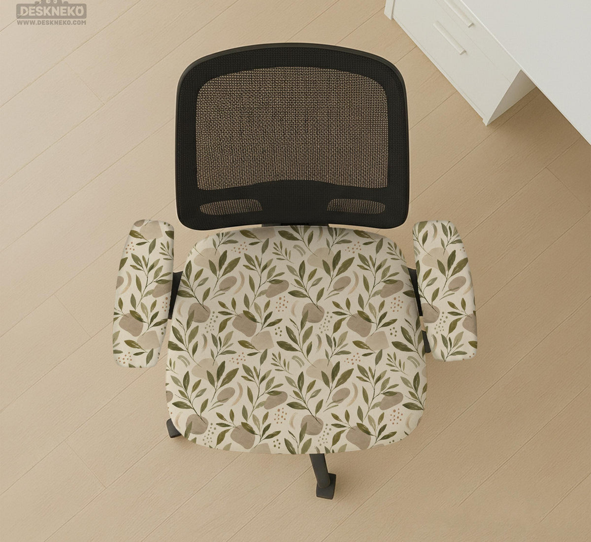 Sage and cream leaf print chair covers shown as full chair cover, back and seat cover, seat cover, and armrest covers for a high back desk chair.