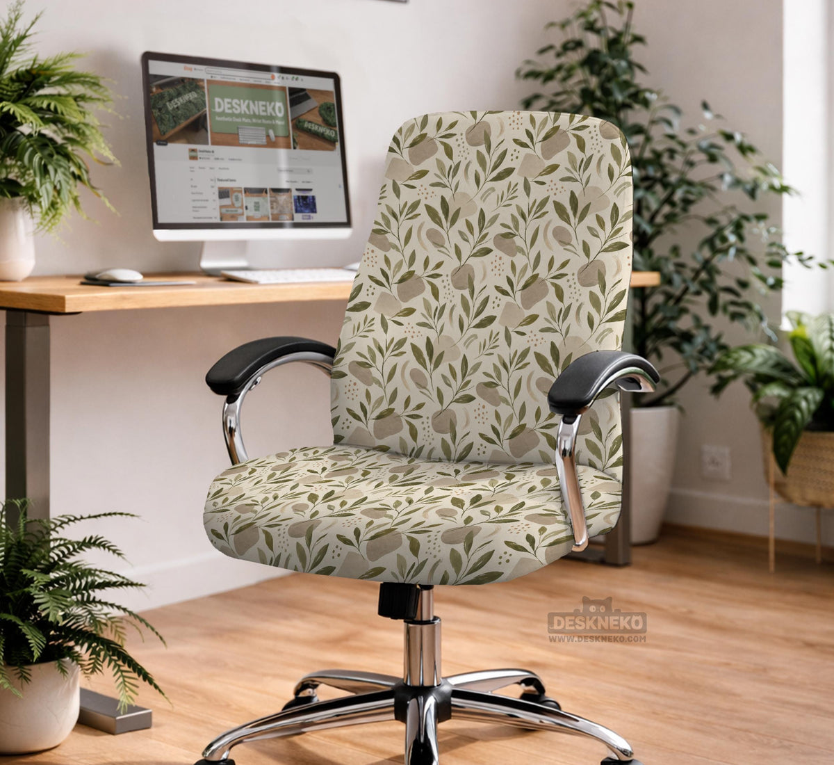Sage and cream leaf print chair covers shown as full chair cover, back and seat cover, seat cover, and armrest covers for a high back desk chair.