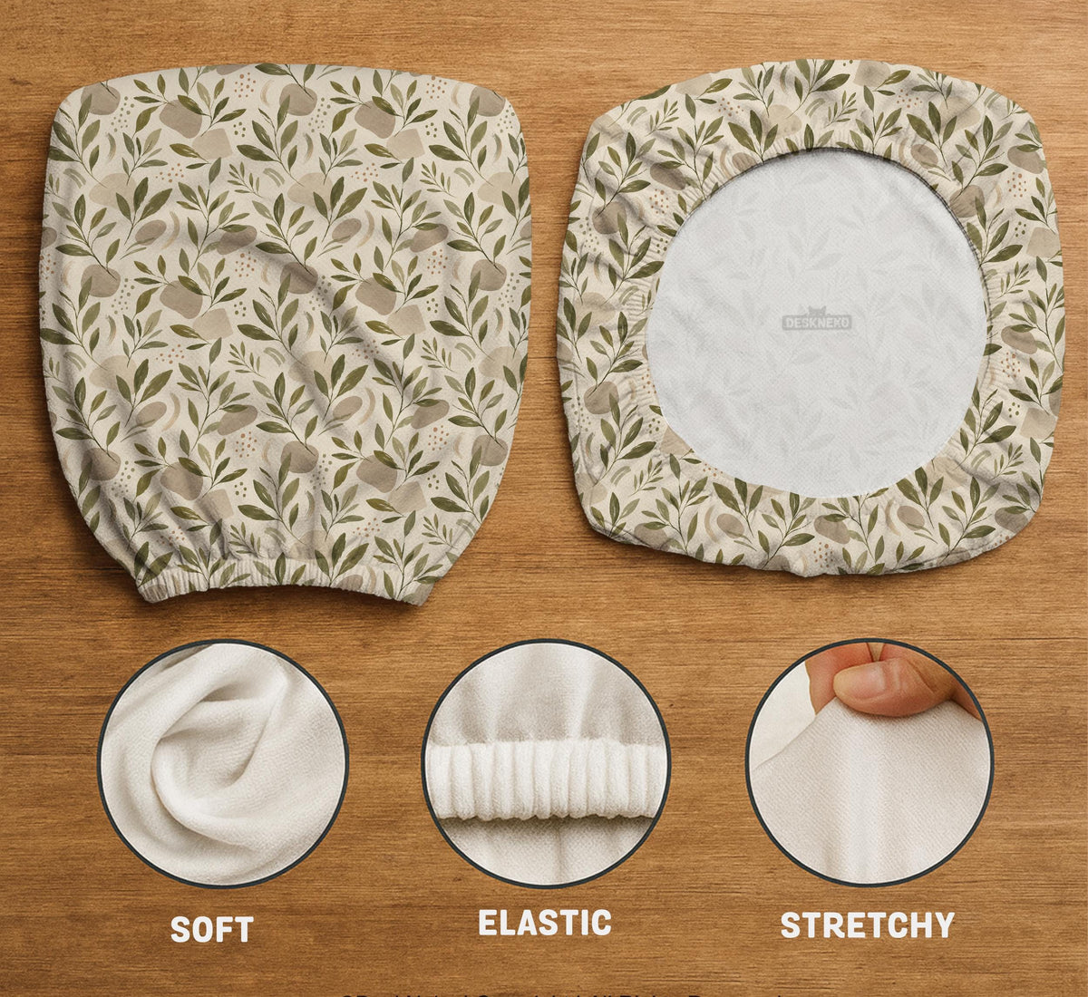 Sage and cream leaf print chair covers shown as full chair cover, back and seat cover, seat cover, and armrest covers for a high back desk chair.